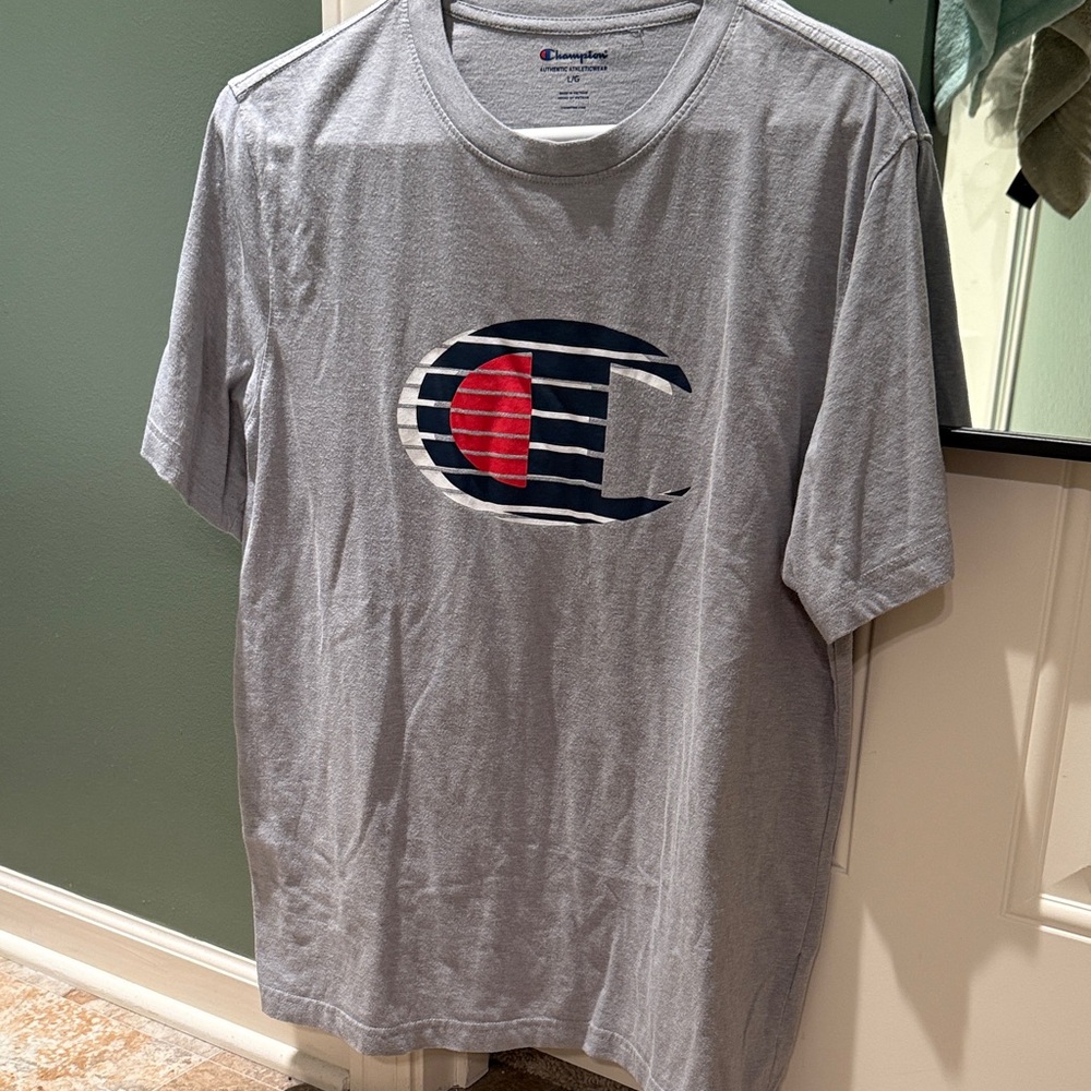 Champion Gray Short-Sleeve Tee with Navy & Red Logo